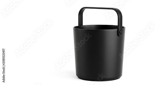 Black stainless steel insulated travel mug with handle, isolated on white background