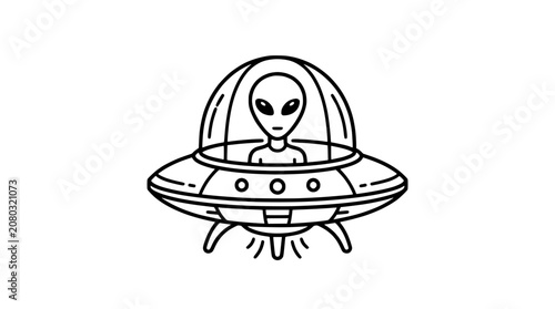 Foto Cute Alien in UFO Spaceship Line Art - Cartoon Style