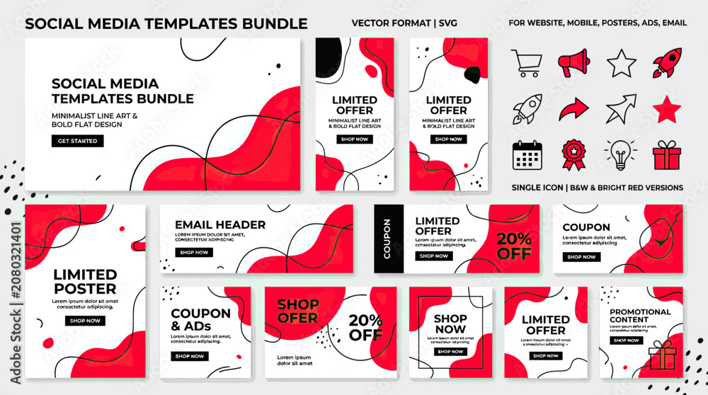 Naklejka premium Social Media Templates Bundle, Vector Icons, Website Graphics, Modern Design