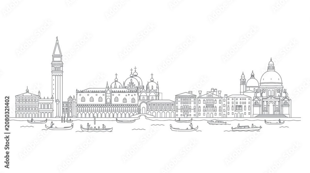 Fototapeta premium Venice Skyline Panorama Drawing - Gondolas, Doge Palace, St. Mark's Campanile