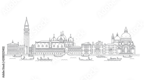 Fotografía Venice Skyline Panorama Drawing - Gondolas, Doge Palace, St