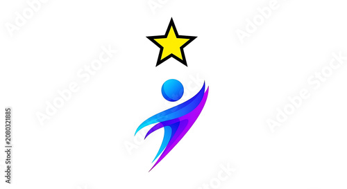 Blue bird with yellow star and purple wings in flight, isolated