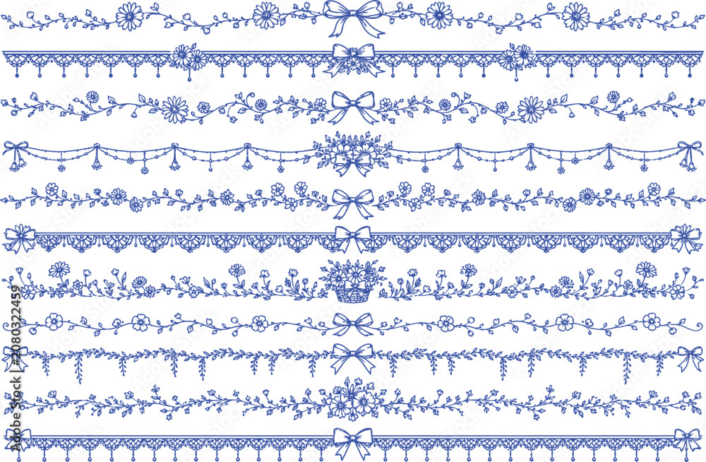 Fototapeta premium Vector set of floral elements for ethnic decor. Seamless patterns for frames, borders and backgrounds. Detailed decorative motifs. 