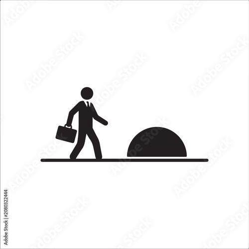 Businessman walking on line with briefcase near large semicircle obstacle