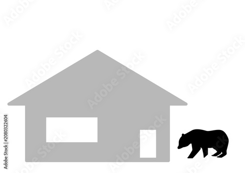 クマ出没注意のイメージ・住宅街に現れた熊のアイコン・民家に接近する野生のクマのシルエット