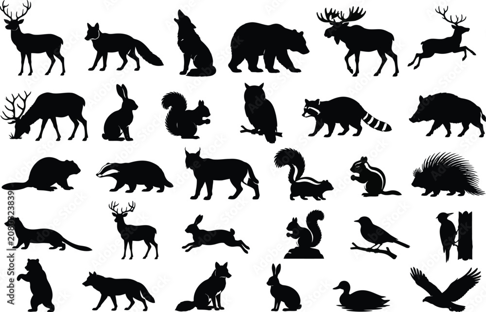 Fototapeta premium Forest wildlife and woodland animals silhouette set. Big collection of wild animal icons vector.