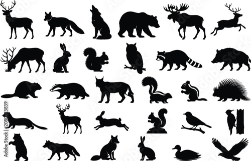 Sticker Forest wildlife and woodland animals silhouette set