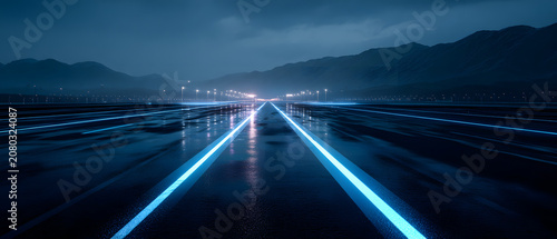 Cinematic autonomous electric highway at blue hour with glowing lane markers, wet reflective pavement, distant city lights and mountains creating moody futuristic atmosphere