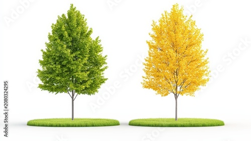Comparison of Green and Yellow Trees Representing Different Seasons of Nature