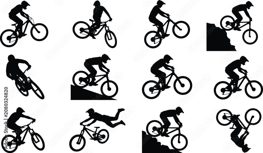 Obraz premium Collection of Mountain Biking and Extreme Cycling Action Silhouettes