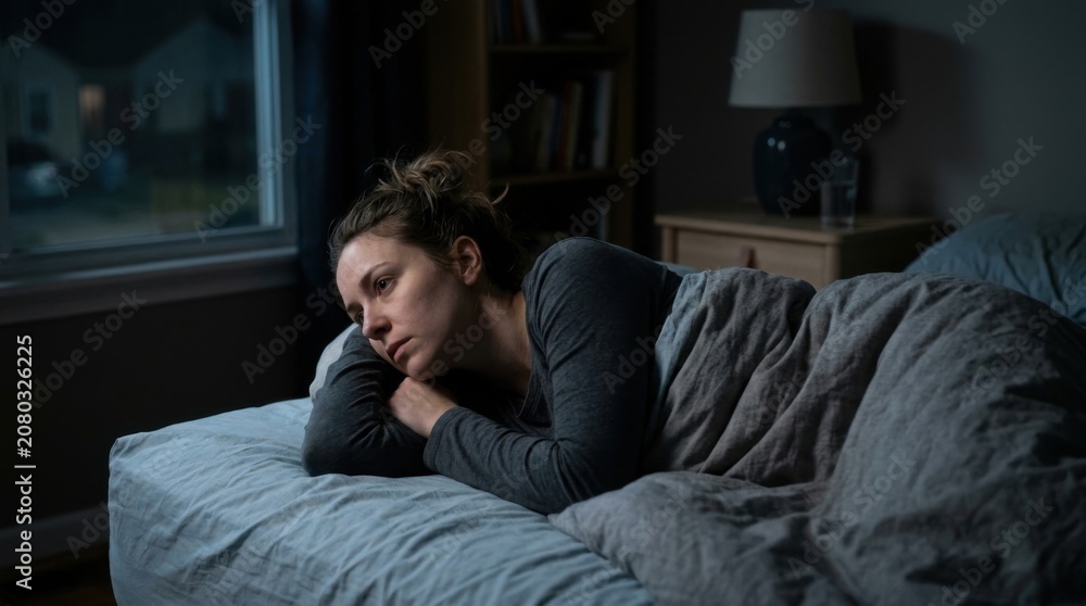 Fototapeta premium Woman Lying on Bed in Dimly Lit Bedroom with Pensive Expression