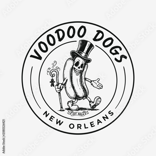 Tableau sur toile Voodoo dogs hot dog skeleton logo with top hat in new orleans.