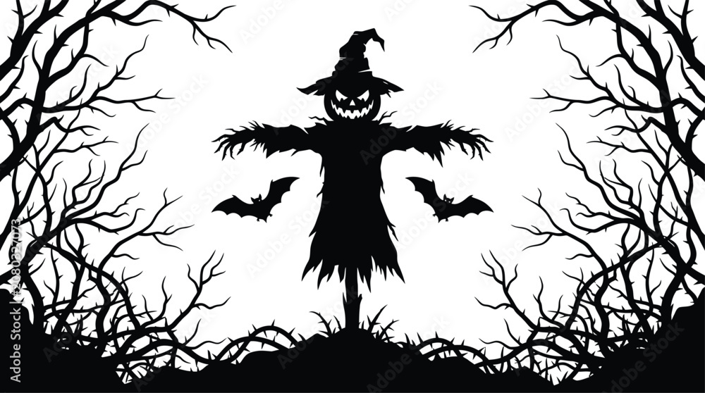 Fototapeta premium Spooky helloween day scarecrow silhouette with bats and bare trees