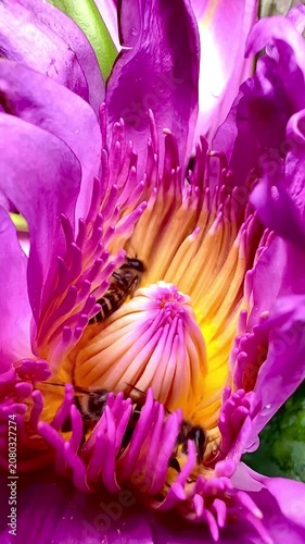 Macro close-up of honey bees collecting pollen inside a vibrant pink water lily blossom. Colorful aquatic flower with active pollinators in natural daylight.