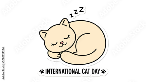 Schilderij op canvas Cute Sleeping Cat for International Cat Day: A charming illustration of a cream-colored cat curled up and fast asleep, marked by Z's in the air, perfect for celebrating International Cat Day