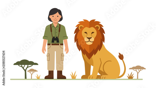 Bilde på lerret Safari Adventure Companion: A friendly park ranger stands beside a majestic lion, illustrating an adventurous safari journey in the African savanna