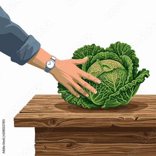 Hand reaching out to touch a fresh green savoy cabbage on a rustic wooden table.
