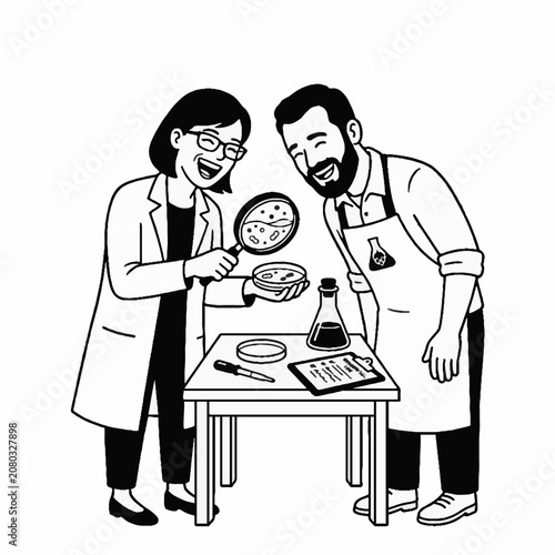 Two happy scientists conducting research with magnifying glass and petri dish in laboratory illustration.