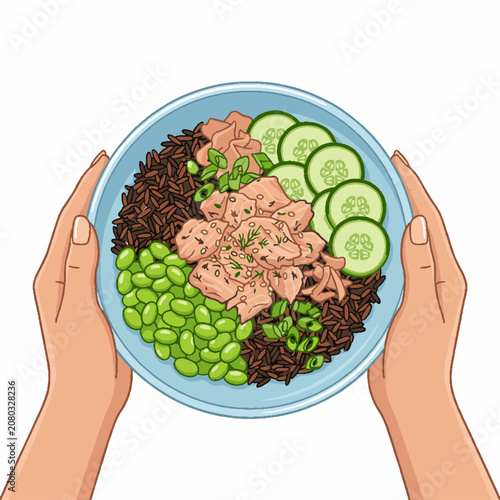 Hands holding a healthy poke bowl with salmon edamame cucumber and black rice illustration.
