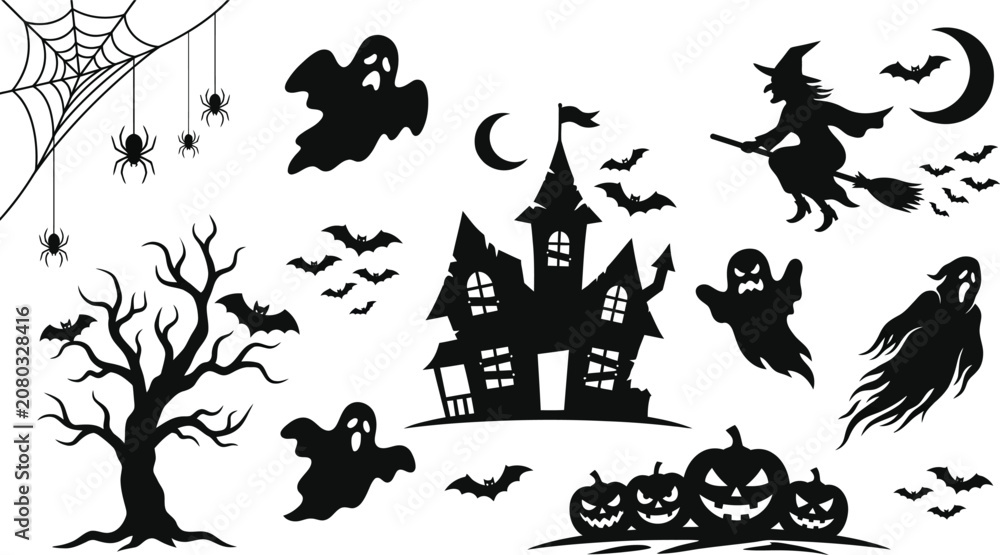 Fototapeta premium Happy helloween day spooky black silhouettes of haunted house ghosts bats spiders pumpkins and witch