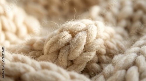 A close-up view of a chunky knit fabric showcasing its textured weave and soft cream color.
