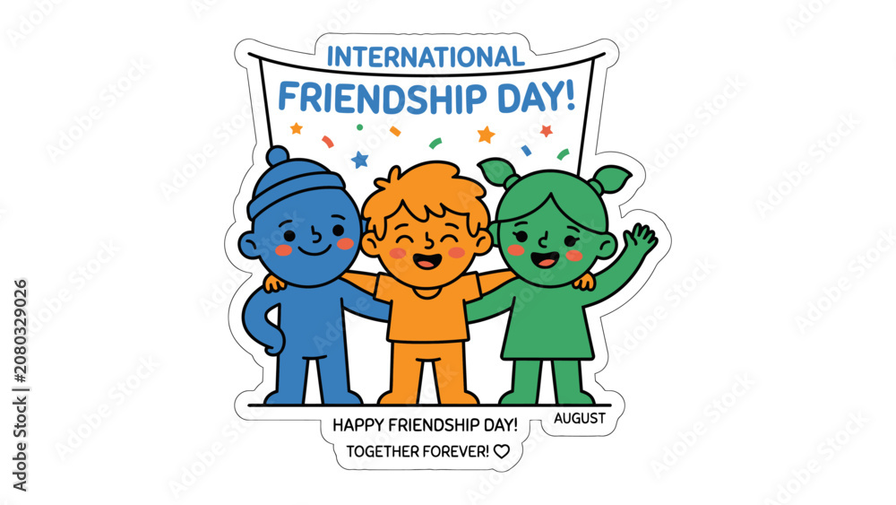 Fototapeta premium International Friendship Day Celebration: Three cartoon children, diverse in color and expression, embrace under a banner proclaiming International Friendship Day, symbolizing unity and lasting bonds.