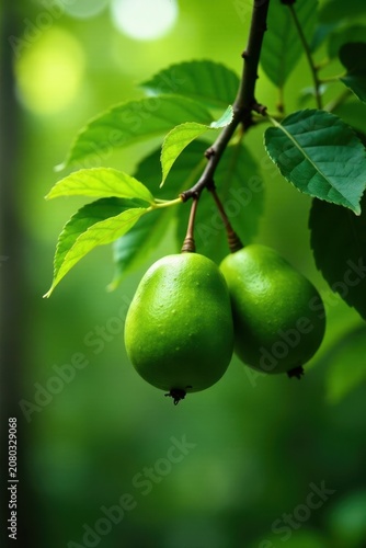 Neem tree with fresh green fruit and leaves in a natural forest background , leafy, green, neem