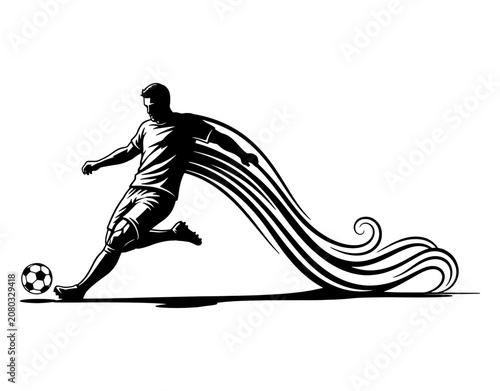 Soccer player kicking ball with speed motion lines vector illustration, football athlete shooting or passing the ball line art sketch isolated on white background.