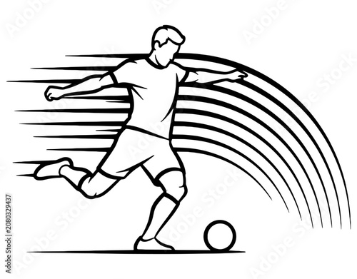 Isolated Soccer Football Player Kicking Ball with Speed and Motion Lines Silhouette Illustration on White Background