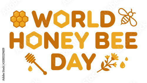 Foto World Honey Bee Day Celebration: A vibrant graphic illustration celebrating World Honey Bee Day, featuring honeycomb, a bee, a honey dipper, and blooming flowers