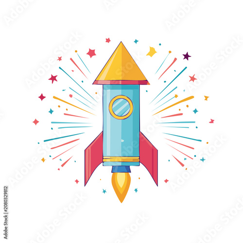 Colorful cartoon rocket with starburst background