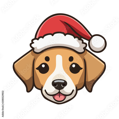 Cute Beagle Dog Head Wearing Santa Hat Vector Illustration