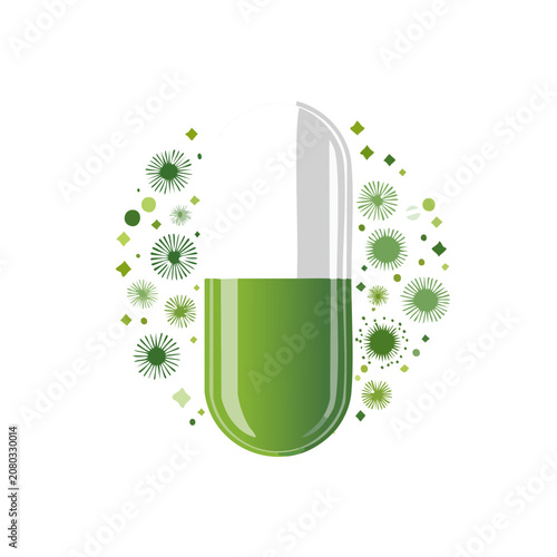 Green liquid test tube with particles and bubbles