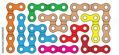 Cartoon silhouette of the chain for bike or bicycle. Cycling line pattern. Motorcycle chain links symbol. Bicycle chains icon. Chain machine sign. Gear machine.