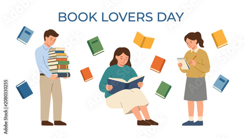 Book Lovers Day Celebration: People of different ages and backgrounds surrounded by flying books, celebrating the joy of reading on Book Lovers Day.