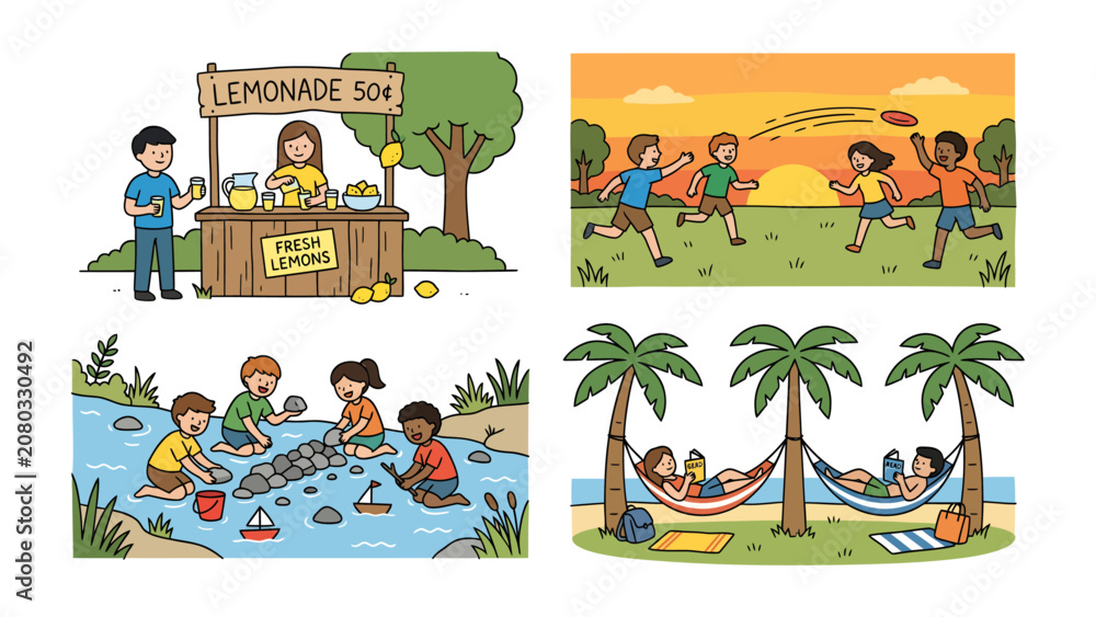 Naklejka premium Summer Fun Collage: A vibrant collage capturing the essence of summer with four delightful scenes: a lemonade stand, children playing frisbee at sunset, kids splashing in a river.