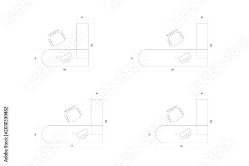 4 Set Office Desk Layout Top View Vector Plan with Dimensions Element Interior Design. 8