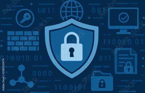 Fotografie Cybersecurity concept illustration with a shield and padlock icon surrounded by digital security symbols and binary code on a dark blue background