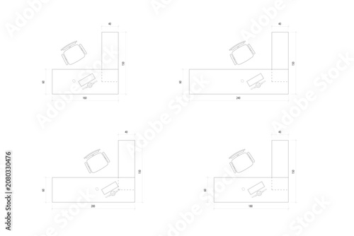 4 Set Office Desk Layout Top View Vector Plan with Dimensions Element Interior Design. 7