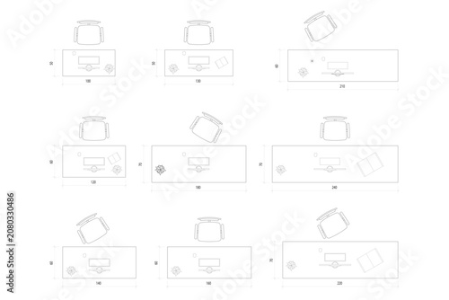 6 Set Office Desk Layout Top View Vector Plan with Dimensions Element Interior Design. 11