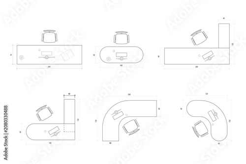 6 Set Office Desk Layout Top View Vector Plan with Dimensions Element Interior Design. 10