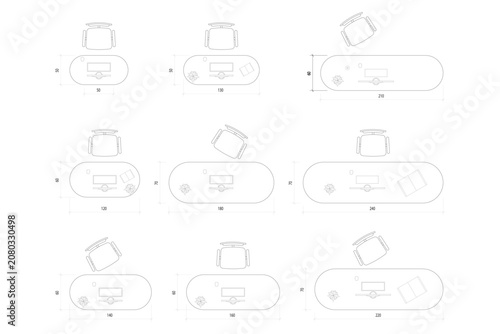 6 Set Office Desk Layout Top View Vector Plan with Dimensions Element Interior Design. 12
