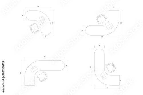 4 Set Office Desk Layout Top View Vector Plan with Dimensions Element Interior Design. 9