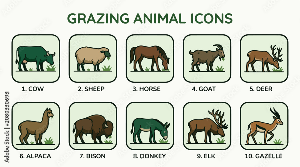 Fototapeta premium Grazing animal icons set, 10 vector livestock and wildlife illustrations, farm and nature herbivore symbols for educational infographics