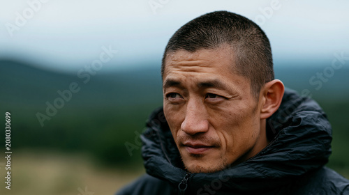 Asian man in a black jacket looking away, standing alone in outdoor natural landscape, contemplating his goals and future, facing challenge and determination, copy space