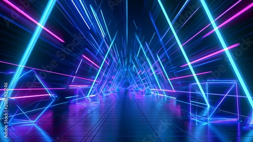 Glowing purple and teal digital tunnel with geometric light strands, futuristic cyberpunk background