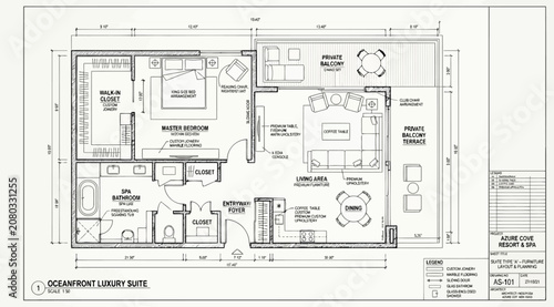 Fotografie Architectural floor plan of a luxury oceanfront suite with bedroom, bathroom, li