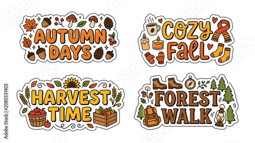 Tableau sur toile Autumnal Vibes: A charming collection of four illustrated stickers celebrating autumn