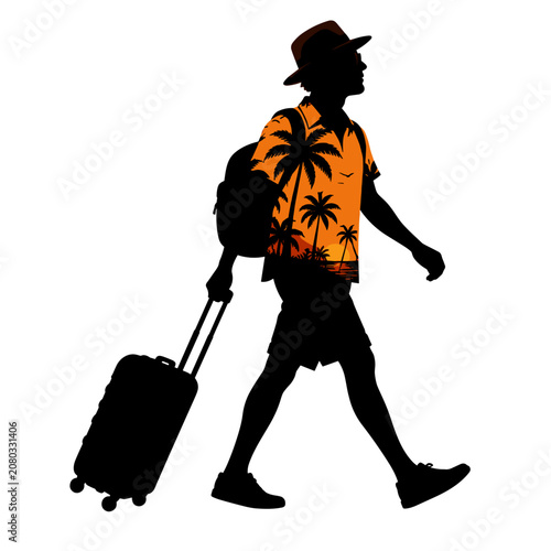 Silhouette of traveler with rolling luggage dressed in a beach shirt  