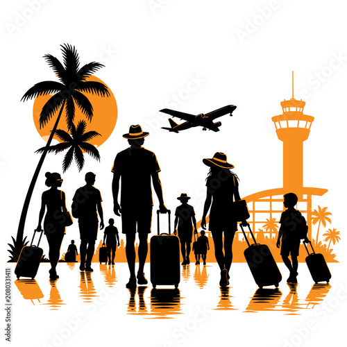 Silhouettes of travelers with luggage at airport during summer sunset  